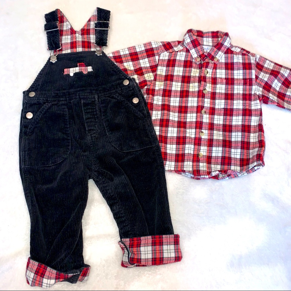 2nd steps. Adorable corduroy and flannel baby overall set. Sz 12 months